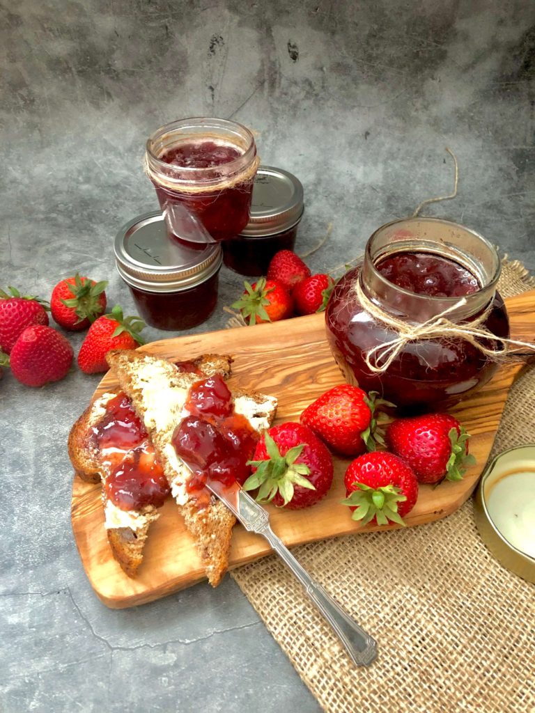 Homemade Strawberry Jam on cutting board