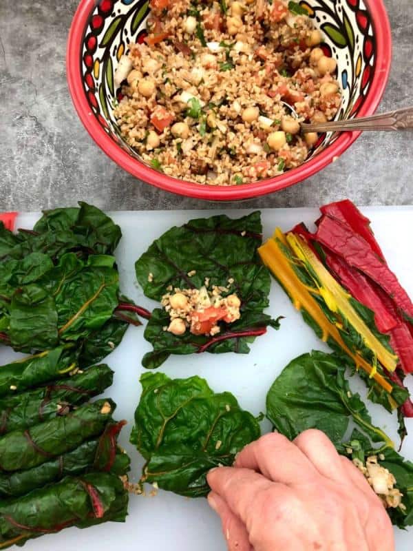 bowel of stuffing & un-rolled Swiss Chard