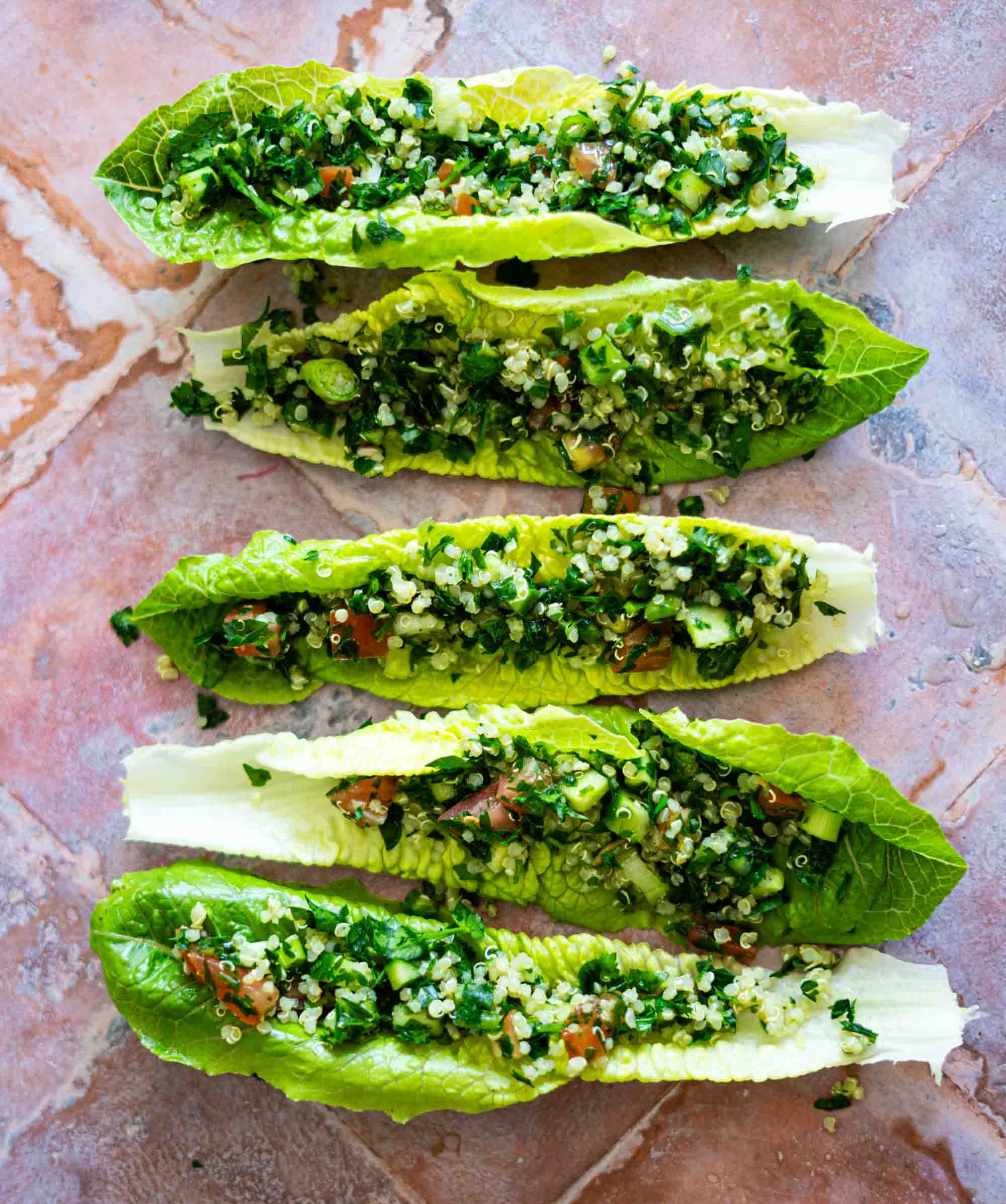 Roman lettuce boats filled with tabbouleh.