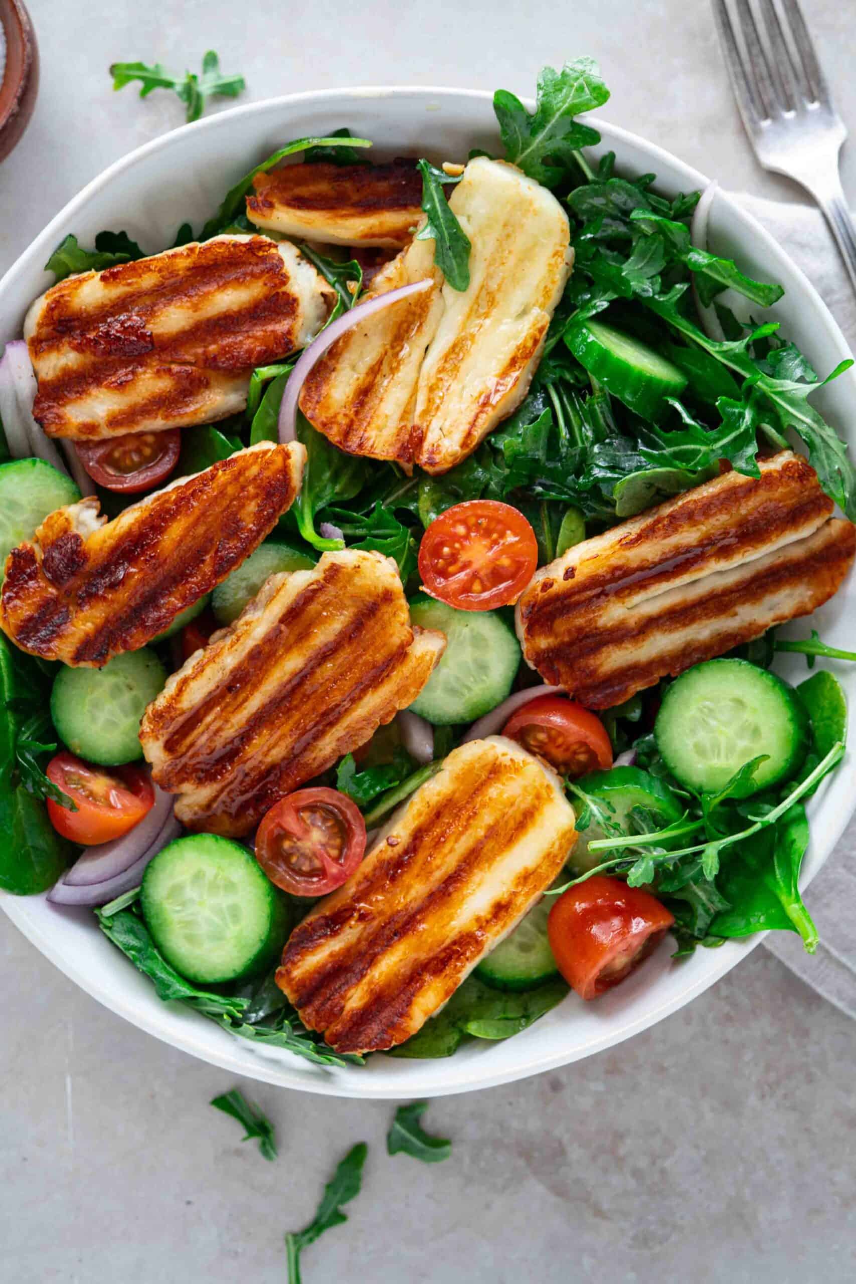Halloum salad in a serving bowl