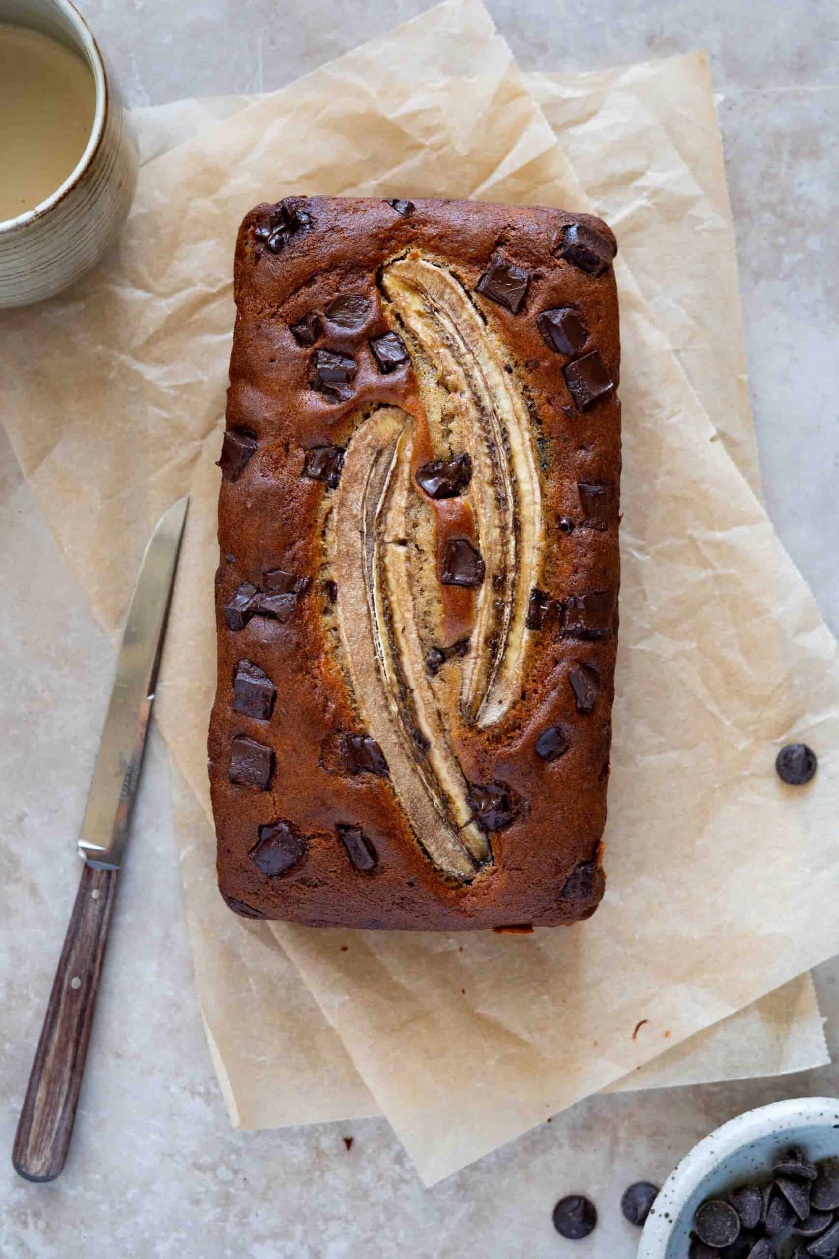 Chocolate chunk banana bread after baking