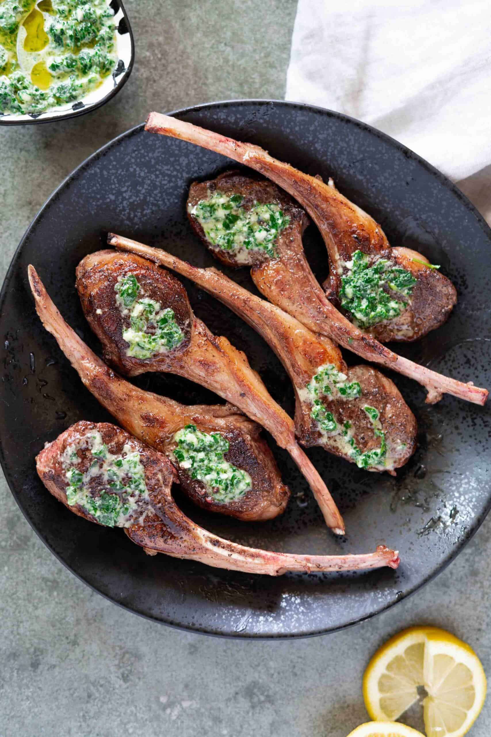 Lamb chops in a plate close up photo