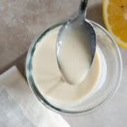 Tahini maple syrup on a spoon - feature photo