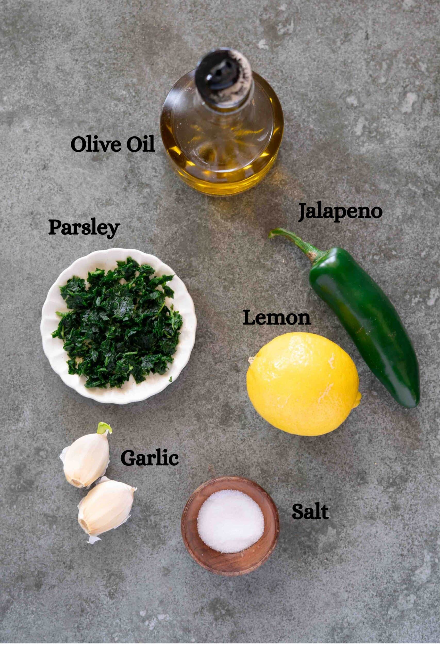 Garlic Parsley paste: garlic, olive oil, parsley, jalapeño, lemon and salt.