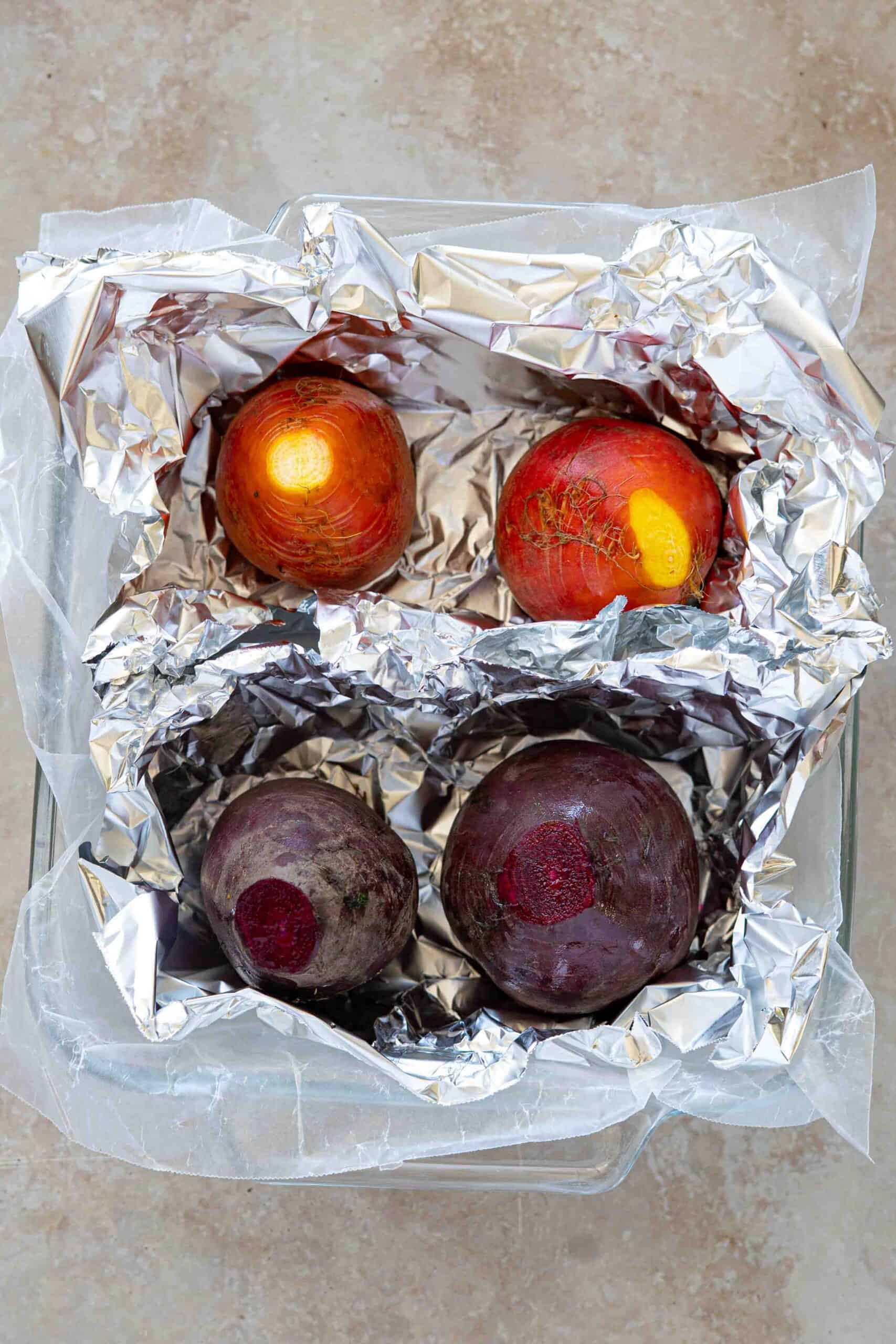 Beets in a baking dish before roasting