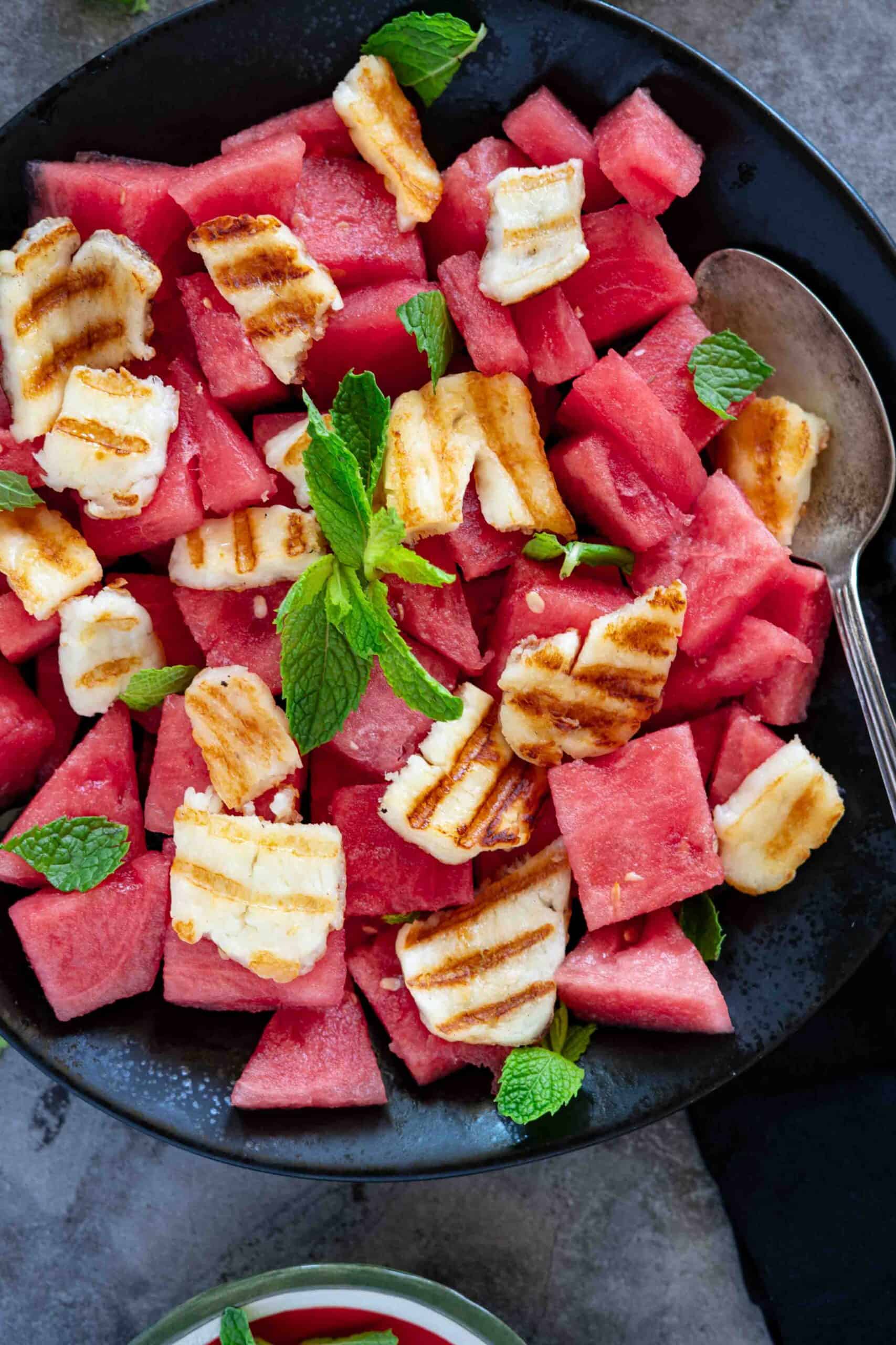 Halloumi and Watermelon Salad in a bowl - close up photo