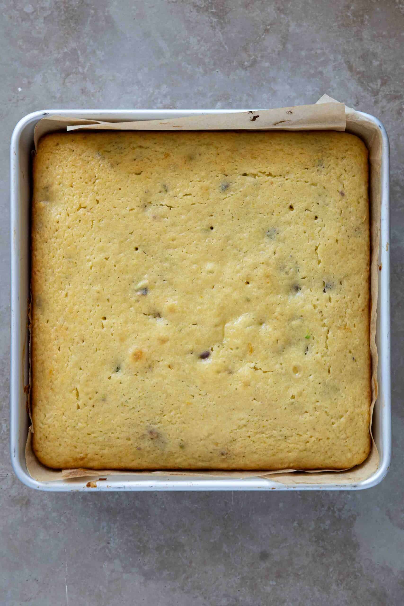 Cake in baking tray after baking