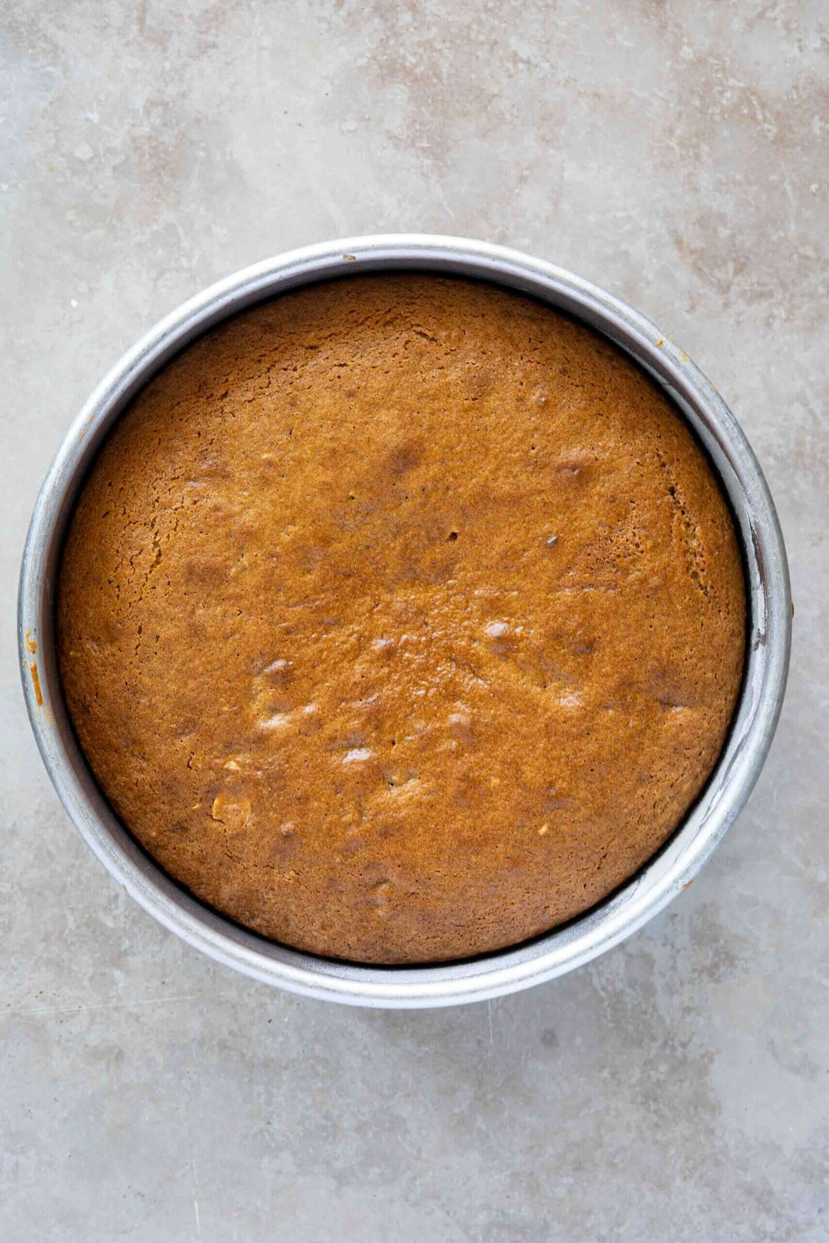 cake in a baking pan after baking