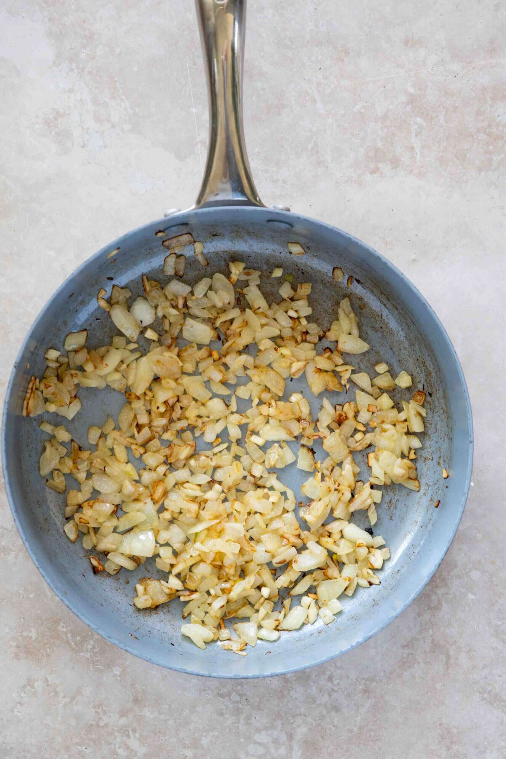 Caramelized onions and garlic in a skillet