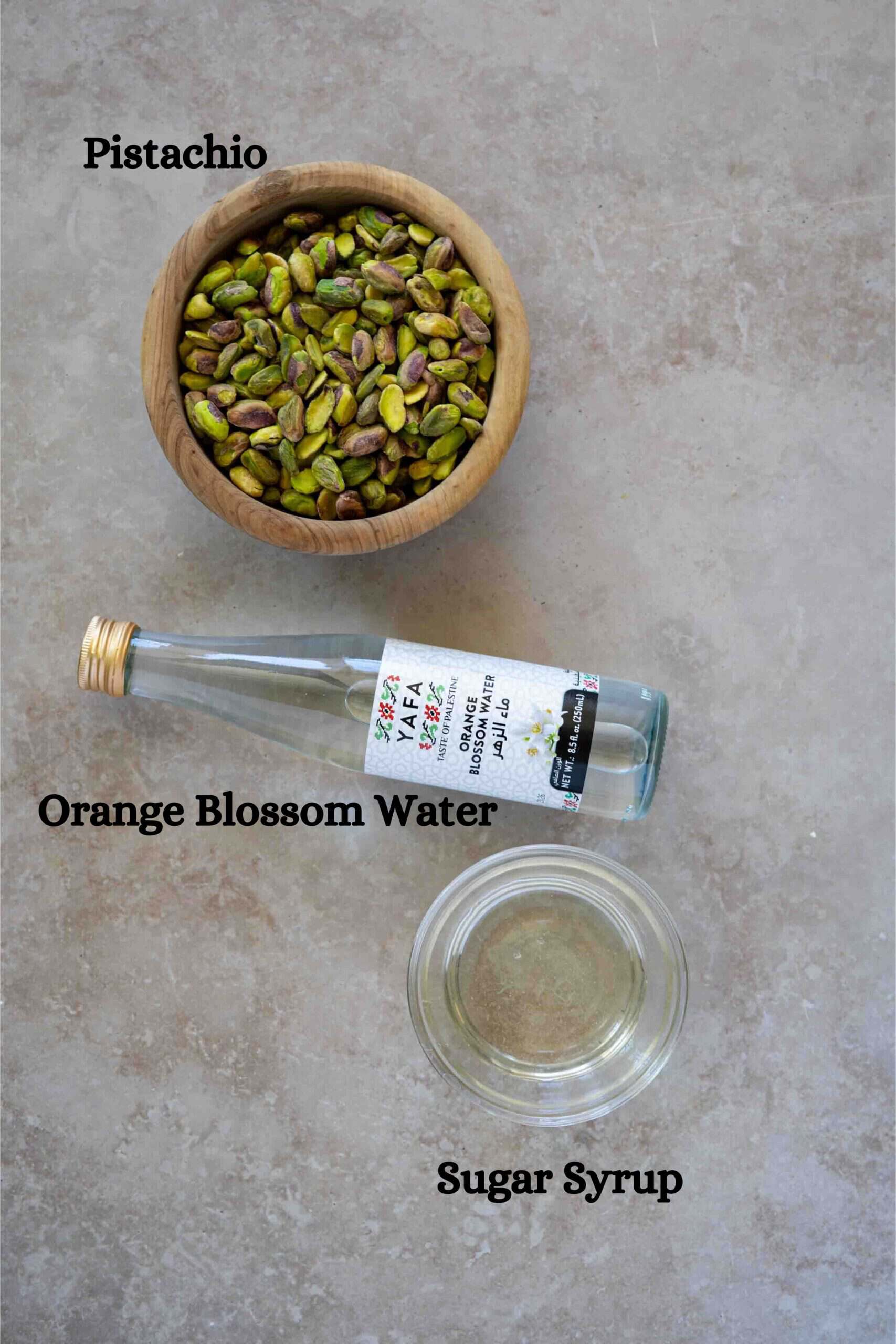 Pistachio stuffing ingredient: pistachios, sugar syrup and orange blossom water.