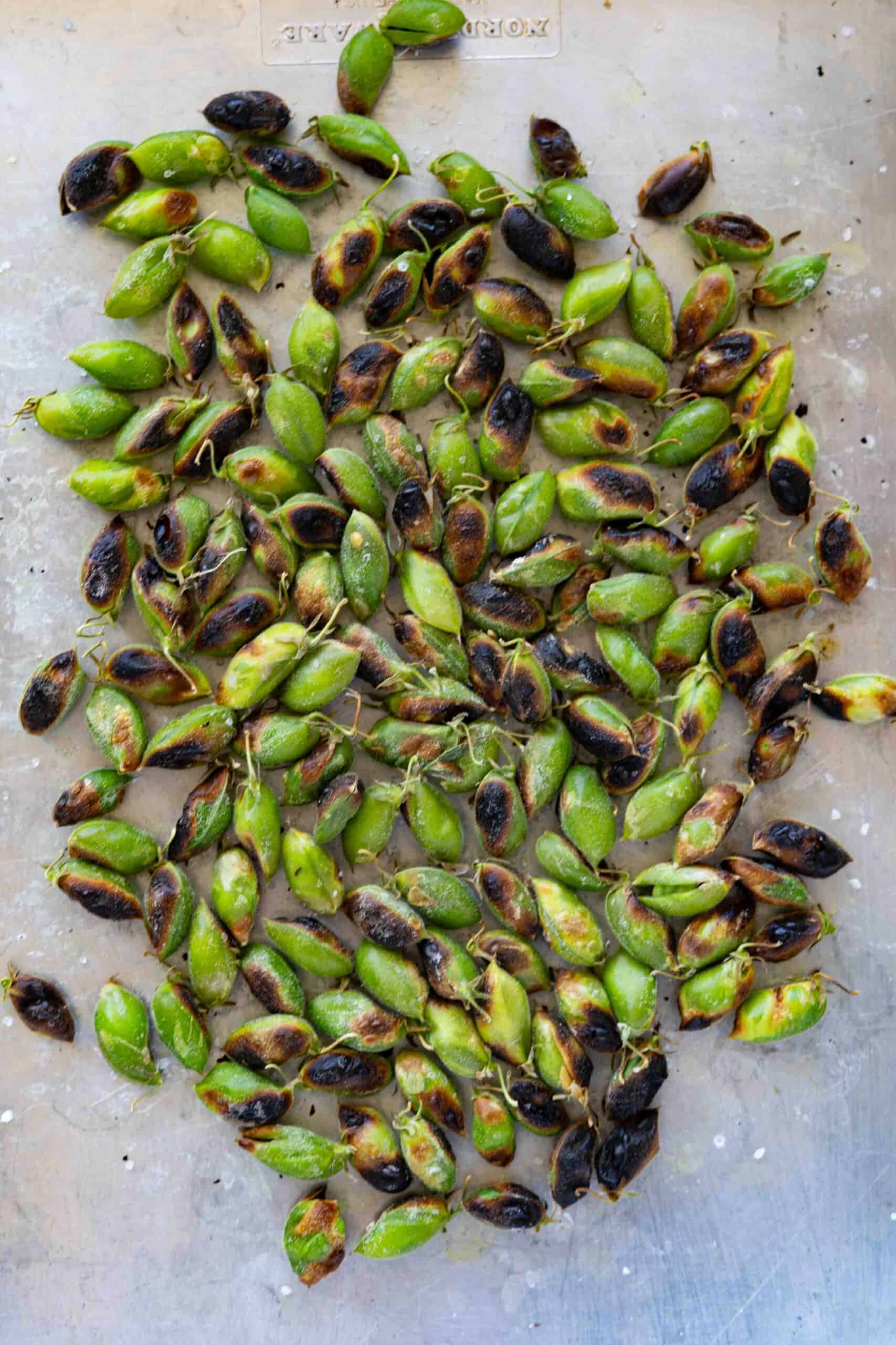 Roasted garbanzo beans on a baking sheet after roasting.