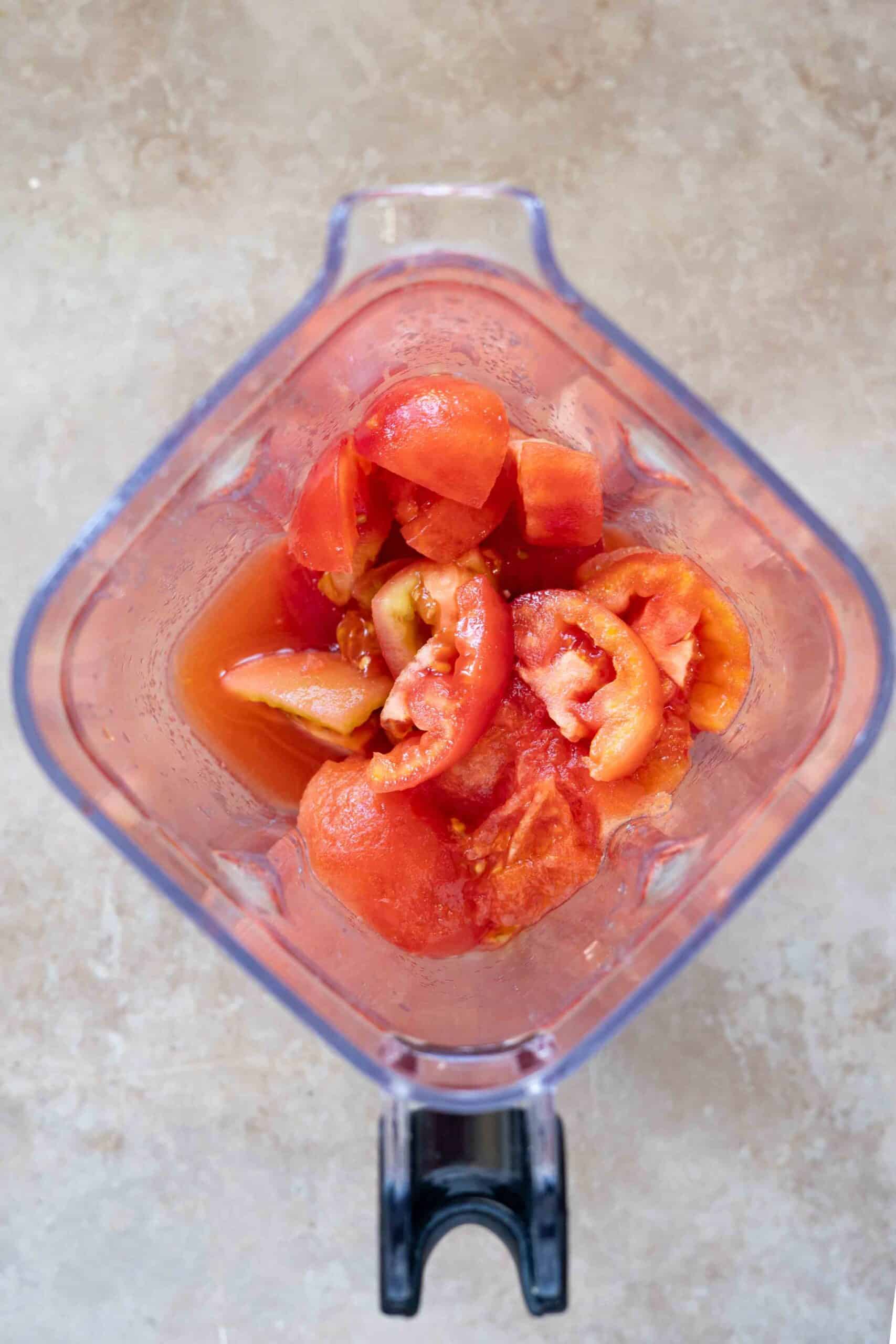 chopped tomatoes in blender ready to blend