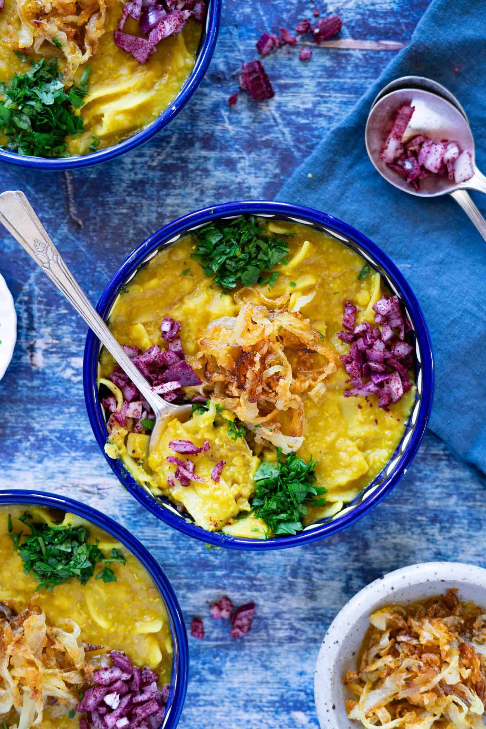 A close up photo of a plate with a spoon of Palestinian red lentils with pasta (rishtayeh) garnished with caramelized onions, fresh parsley, diced red onions mixed with sumac.