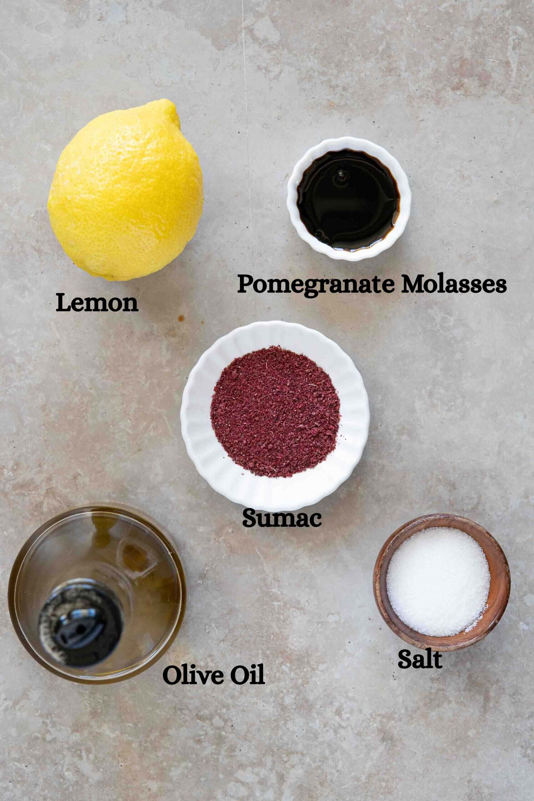 Fattoush salad dressing: fresh lemon, pomegranate molasses, sumac, salt and olive oil.