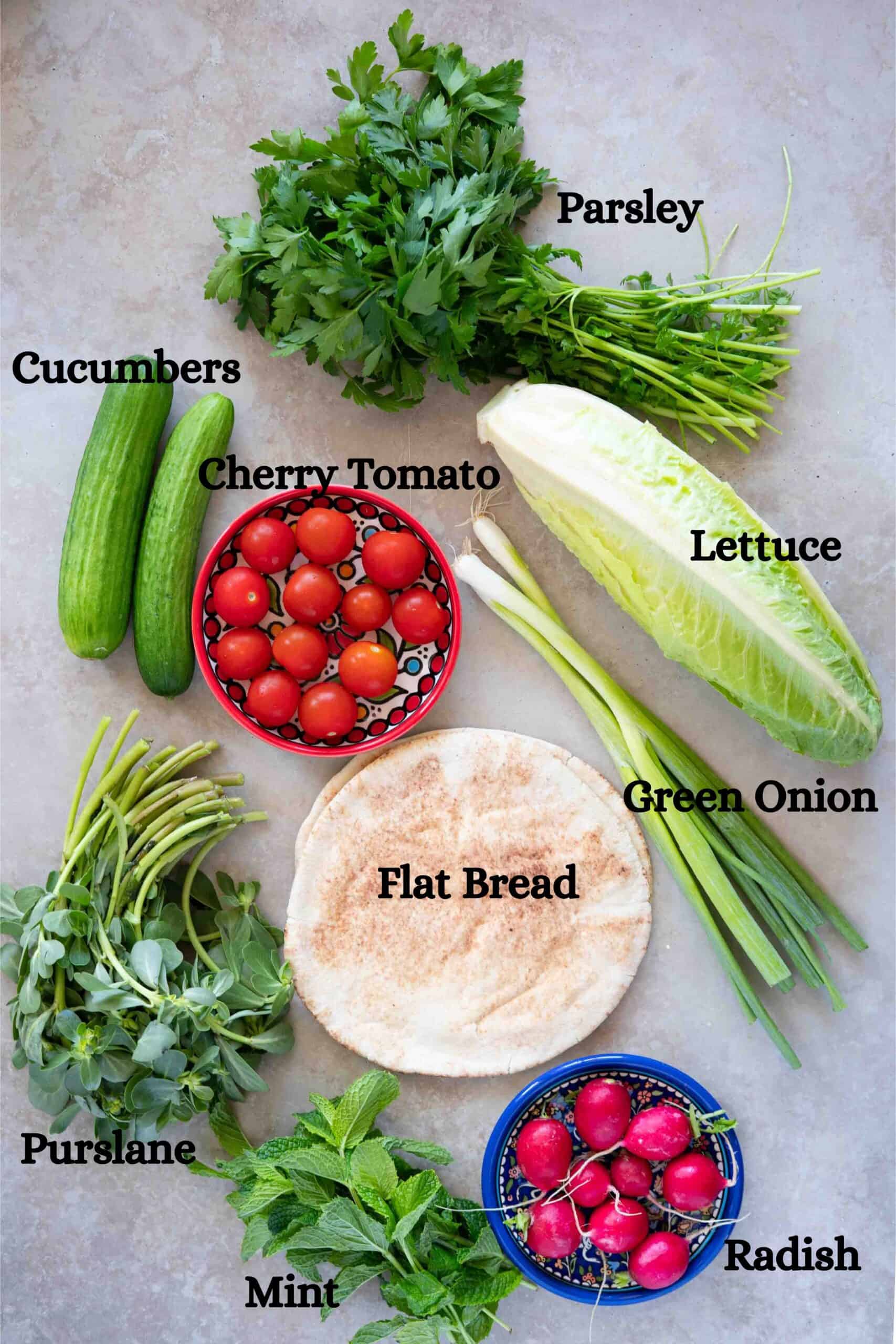 Fattoush salad ingredients: Parsley, cucumbers, cherry tomato, romaine lettuce, green onion, purslane, mint, radishes and flat bread.