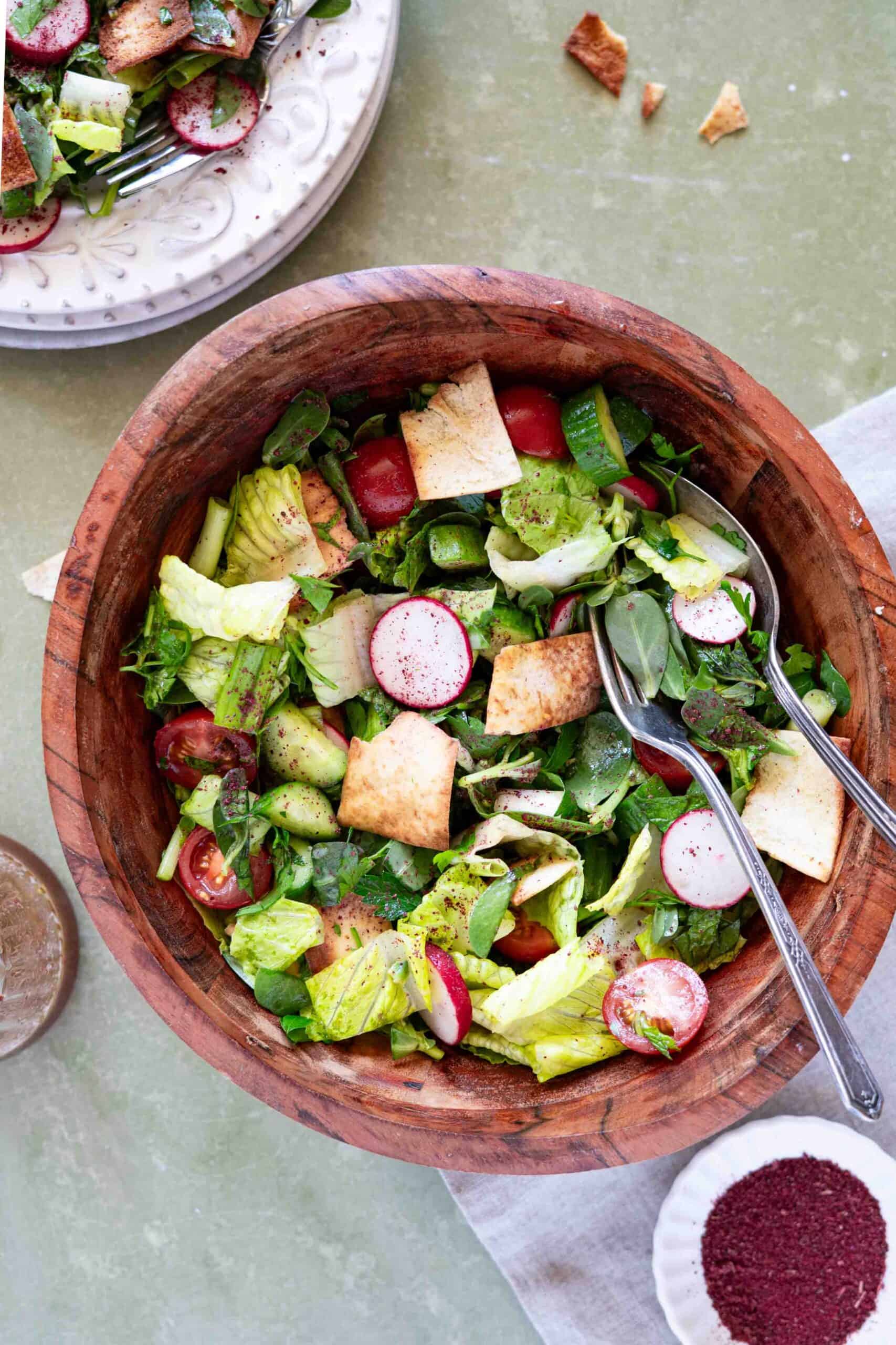 Authentic fattoush salad in a bowl.