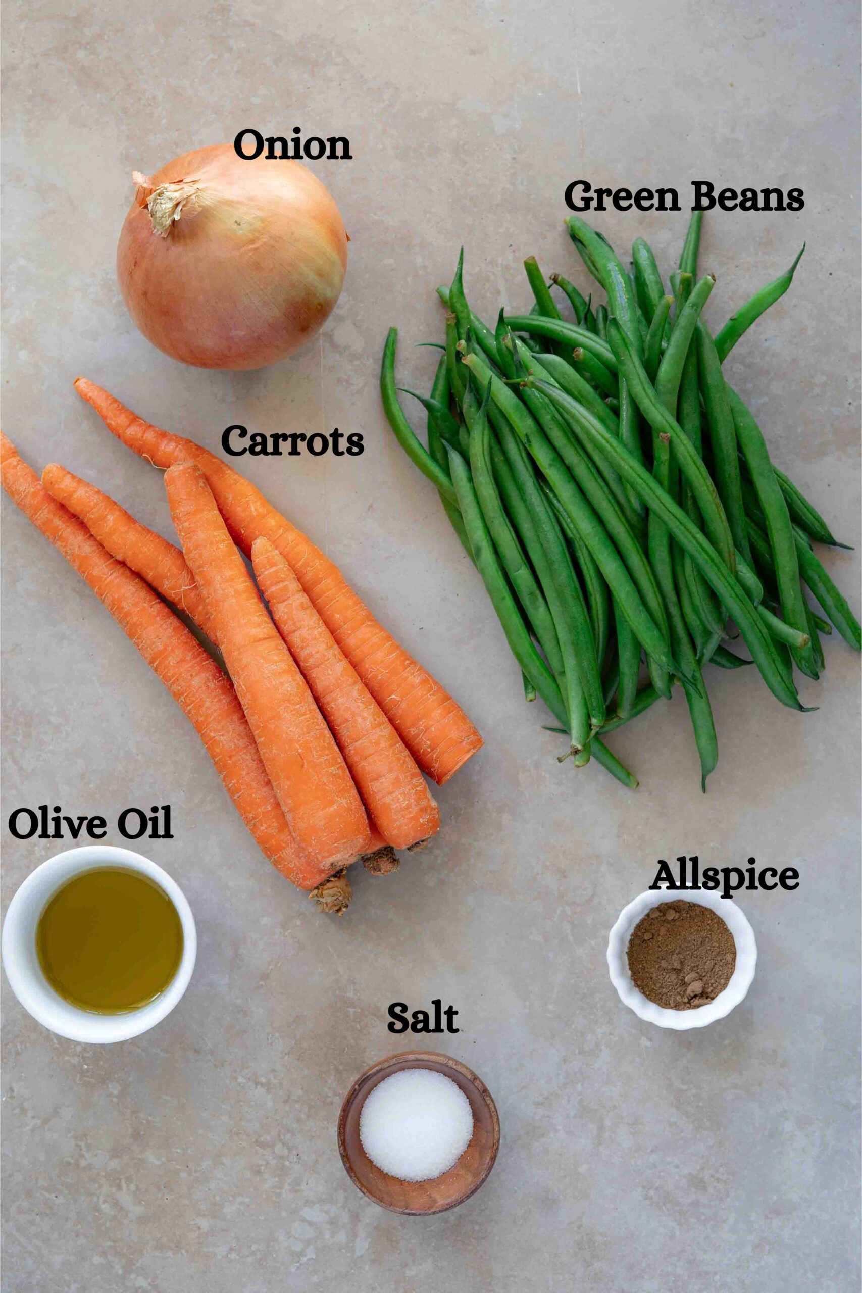 Green beans and carrots ingredients: onion, olive oil, green beans, carrots, allspice and salt,.